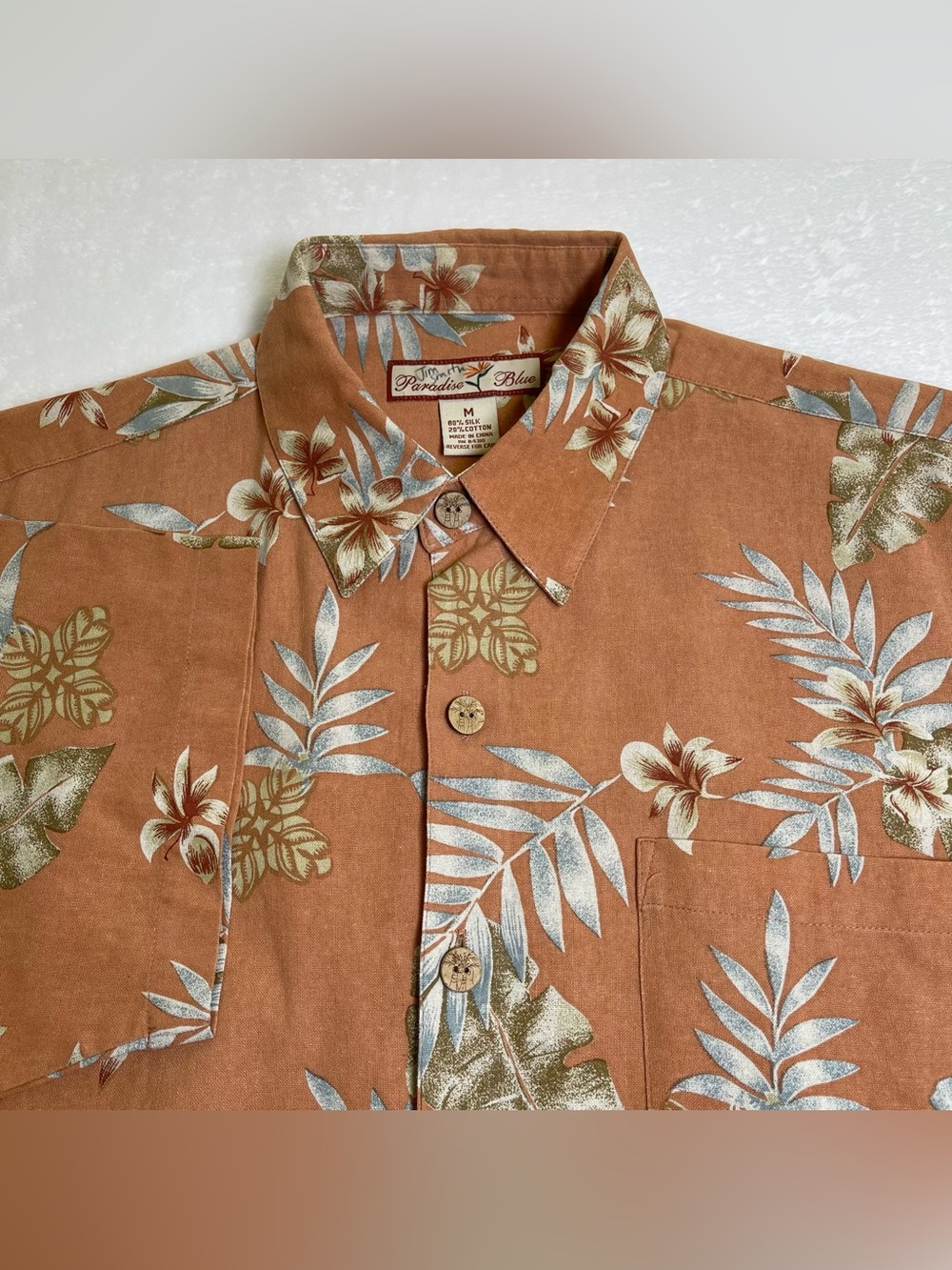 Paradise Blue Men's Medium Silk Blend Floral Hawaiian Aloha Camp Shirt Brown